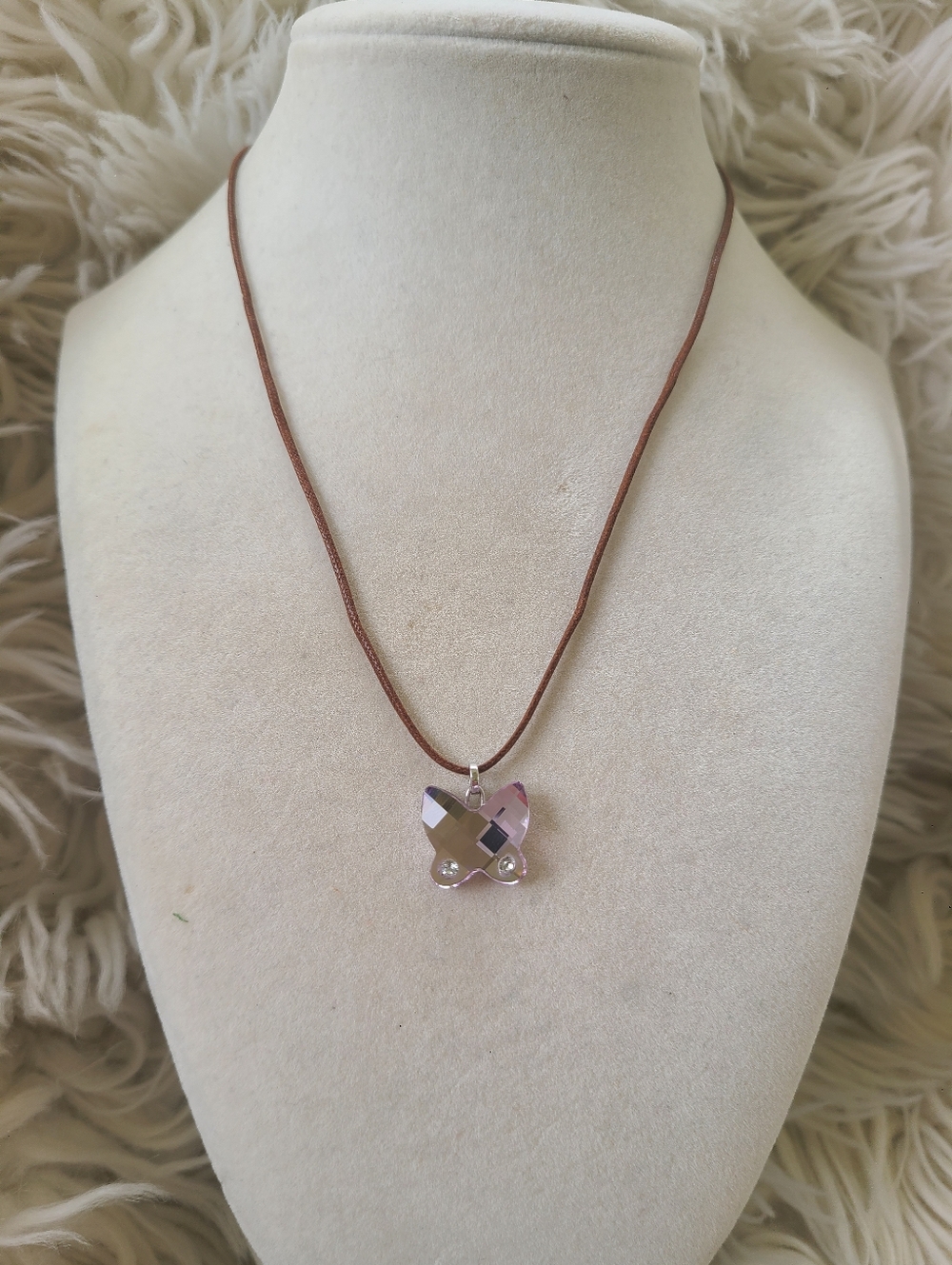 Swarovski Pink Crystal Butterfly Pendant Cord Necklace- Great Condition